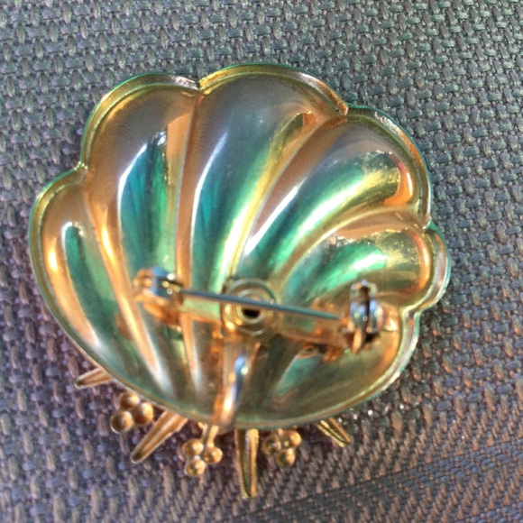 Vintage Shell Blue Rhinestones Gold Plated Brooch - Picture 2 of 4